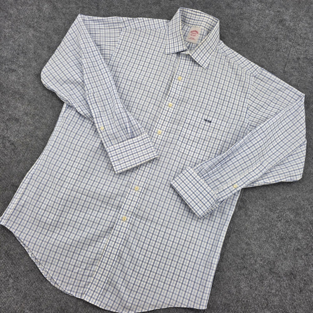 Brooks Brothers Makers Mens Blue White Check Non-Iron Cotton Shirt Monogram WSB